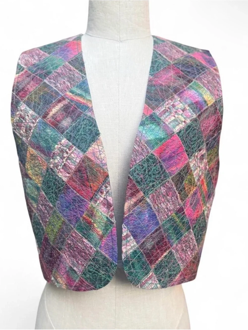 Patchwork Colorful Vest Pink Purple Teal painterly back reversible - green satin